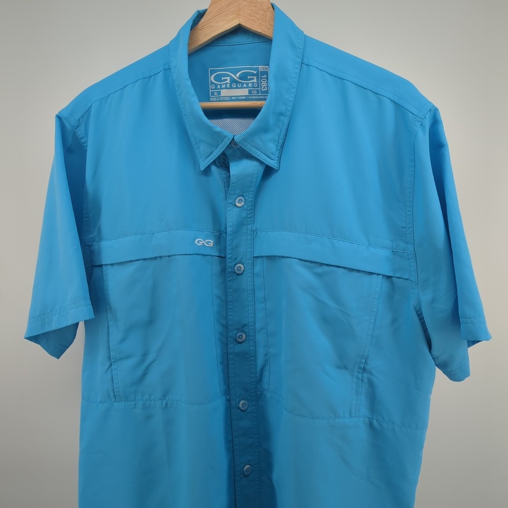 GameGuard Outdoors Shirt Mens XL Blue Short Sleeve Button Front Fishing‎ Outdoor
